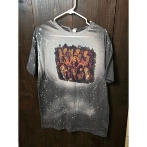 KISS Band Graphic T-Shirt Mens Large Gray Bleached Distressed Splatter Rock Tee
